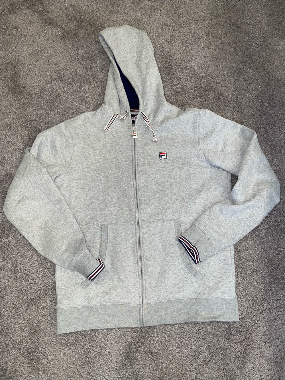 Men’s 2014 FILA Gray and Navy Zip-Up Hoodie with Stripe Detail — Size L